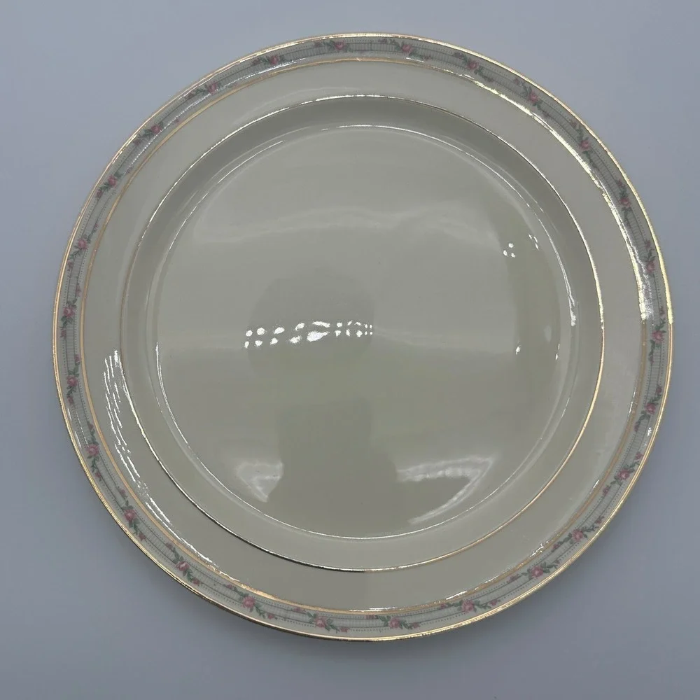 Taylor Smith Taylor Dinner Plates Set of 4 Pink Rose Gold Trim Ivory Vintage
